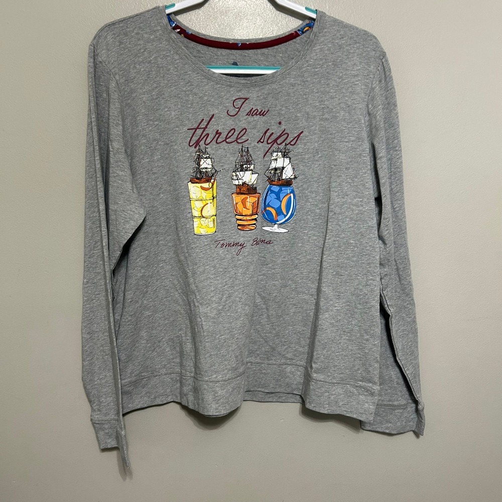 Tommy Bahama Pajama Top Womens XL Gray NEW I Saw Three Sips Graphic Long Sleeve